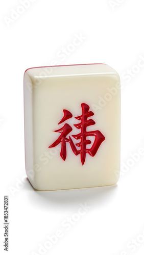 Single white Mahjong tile with red engraved Chinese character for luck isolated on white background, traditional game, culture, fortune
