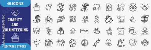 Charity and Volunteering icon set. Full Outline Icon Collection. Editable stroke. Vector illustration