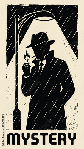 Classic Film Noir Detective Poster Design Silhouette in the Rain