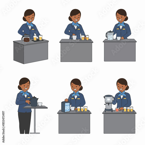 Flight attendant character set serving various beverages including coffee, juice, and water, illustrating professional inflight service duties.
