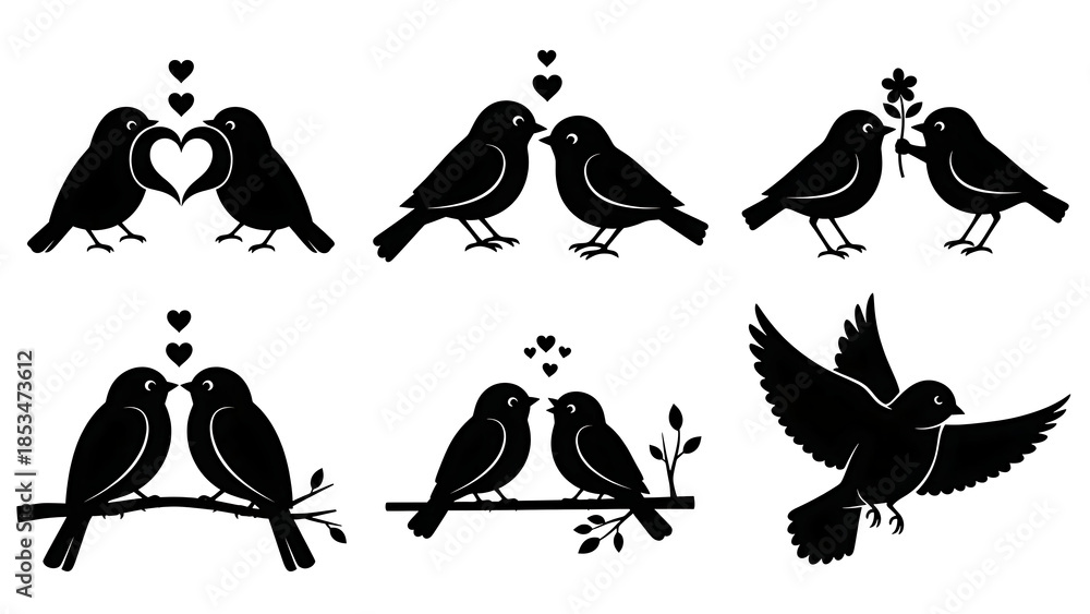 Fototapeta premium Black silhouettes of lovebirds and a flying bird isolated on transparent background