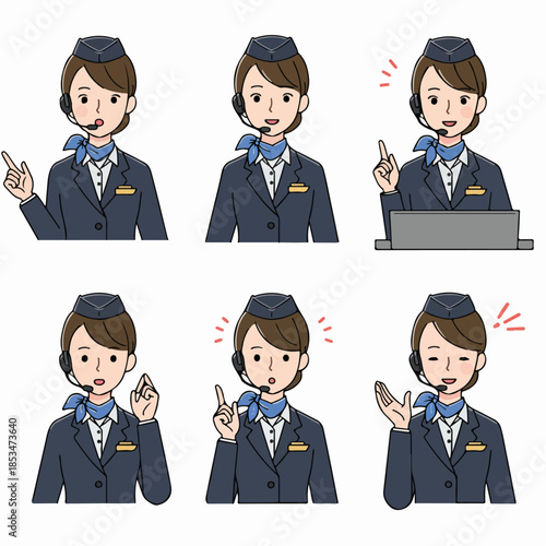 Six different expressions and poses of a female service staff or flight attendant wearing a headset and uniform, illustrating customer support and communication.