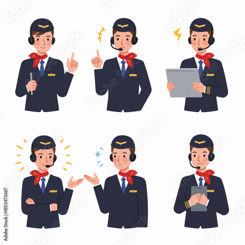 Aviation Professional Character Set: Male Cabin Crew or Pilot Illustrations Demonstrating Various Customer Service Actions and Emotions.
