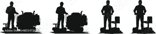 Floor cleaning machine silhouettes, industrial scrubber operators, commercial janitorial equipment, ride-on and walk-behind models, workplace hygiene, cleaning crew, maintenance workers