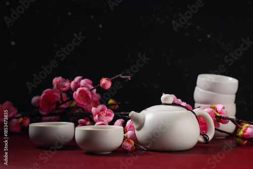 Teapot and cups with brewed...