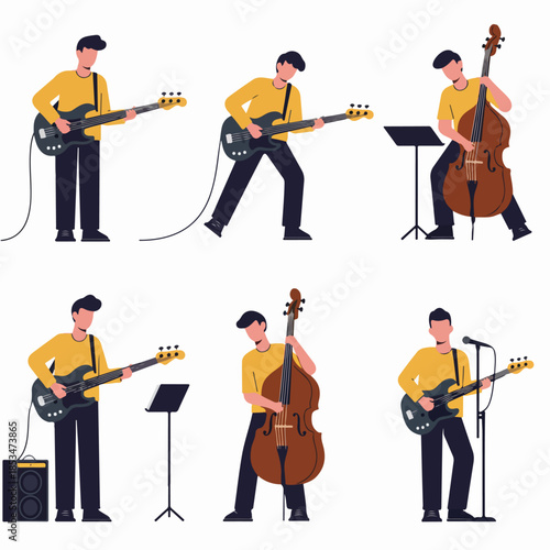 Flat design set of a musician playing electric bass guitar and upright double bass in various performance poses, isolated on white.