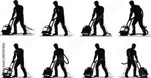 Floor scrubber operation silhouettes, cleaning machine posture, black figures, commercial equipment use, corded device, janitorial workflow, sanitation technique, movement sequence