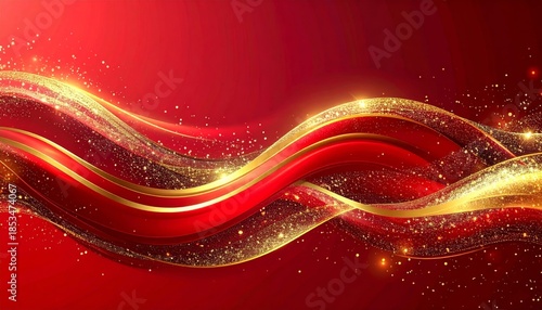 Abstract red background with moving golden waves and flowing curves of light