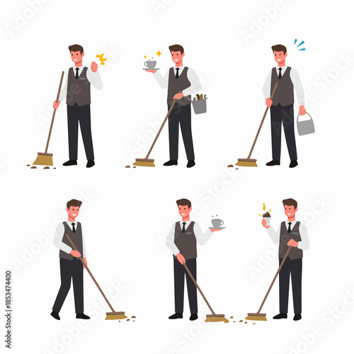 A friendly hotel or restaurant service employee depicted in six different poses, performing cleaning duties with a broom and serving food/beverages.