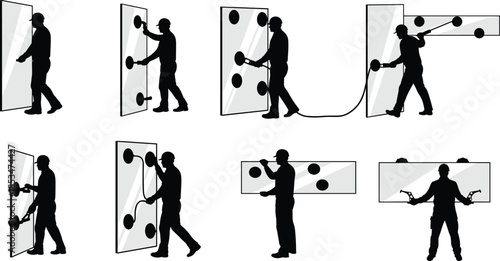 Glass Panel Installation Silhouettes with Suction Tools, Black Figures in Handling Poses, Safety Equipment Illustration, Industrial Glazing Process, Construction Theme