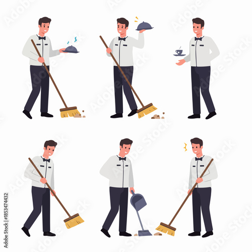 Flat vector illustration set showing a busy male waiter multitasking, serving food and coffee while also cleaning the floor with a broom and dustpan.