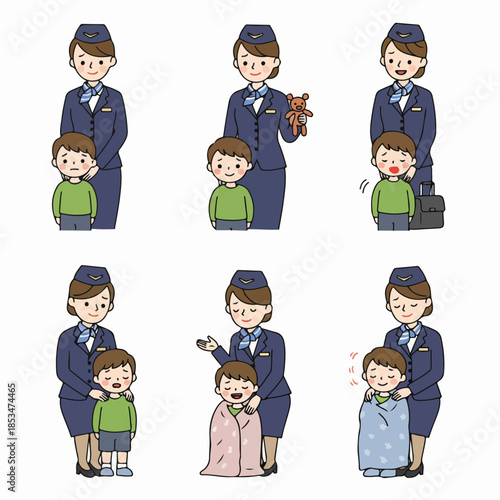 Cabin Crew Providing Compassionate Care and Assistance to an Unaccompanied or Sick Child Onboard, Illustrated in Six Different Scenarios.