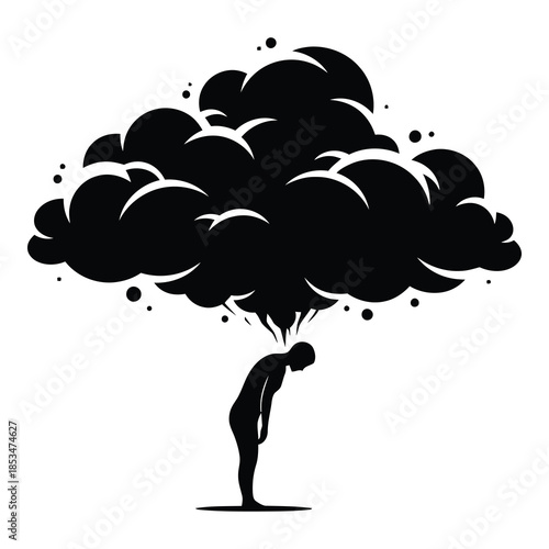 Overwhelmed person under heavy dark cloud thoughts