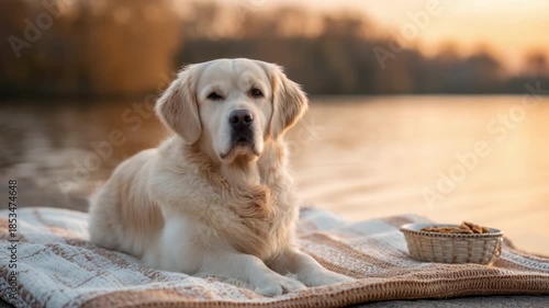 Golden retriever sits on a blanket by the lakeside during a tranquil sunset with treats nearby, creating a serene atmosphere 4k video footage