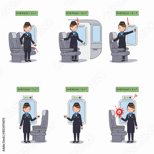 A flight attendant demonstrates the steps for operating an aircraft emergency exit in a sequence of instructional illustrations.