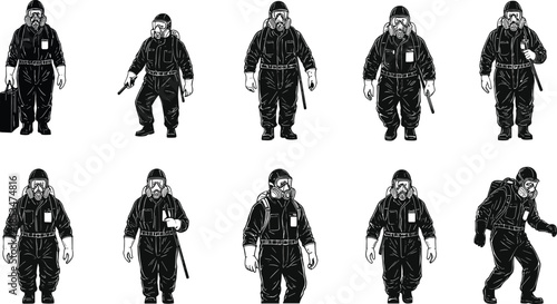 PrintHazmat suit silhouettes, gas mask figures, tactical poses, hazardous environment gear, emergency response, black suit characters, safety equipment, conceptual art
