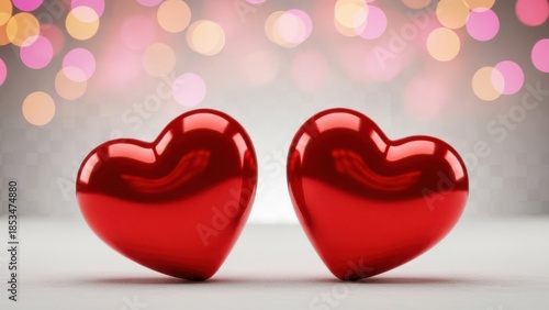 Two shiny red metallic hearts close together on a reflective surface, symbolizing love, romance, and Valentine's Day.
