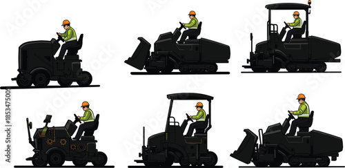 Heavy machinery operator silhouettes, road construction equipment, safety gear, black figures, compactors, pavers, rollers, industrial posture, side view, site activity
