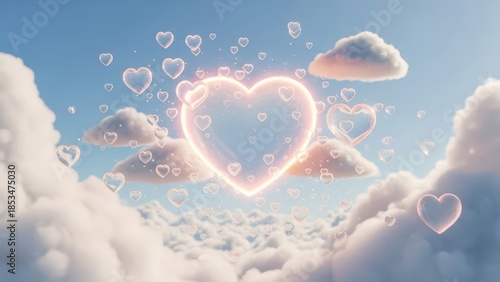 Whimsical scene of glowing heart-shaped bubbles and clouds floating in a dreamy sky, representing love and imagination.