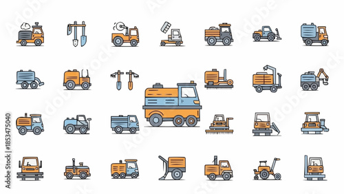 Collection of construction and industrial vehicles and equipment icons.