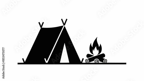 Camping Tent and Bonfire Icon Silhouette.