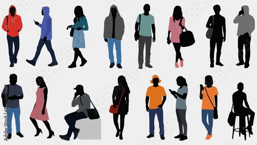 Collection of Diverse Silhouettes of People in Various Poses.