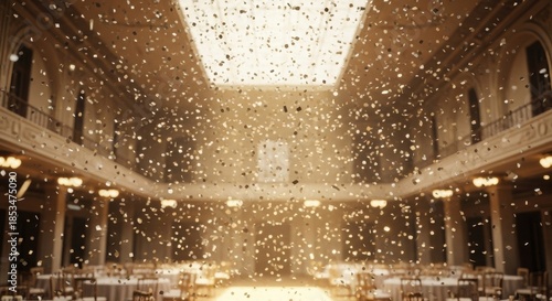 Golden confetti falling in a grand ballroom with tables set for an event, creating a festive and celebratory atmosphere.