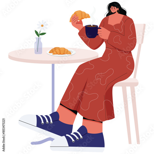 Croissant Food Illustration. Vector illustration of Woman enjoying hot coffee and a croissant at a table, cozy cafe mood with simple decor. Isolated on background