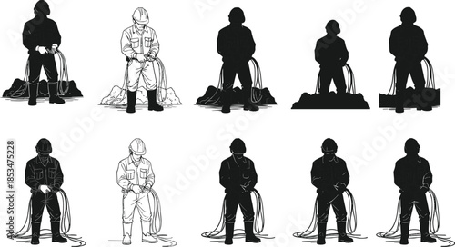Industrial worker illustrations, rope handling, safety gear, helmet and gloves, silhouette and line art, construction pose, equipment detail, graphic styles