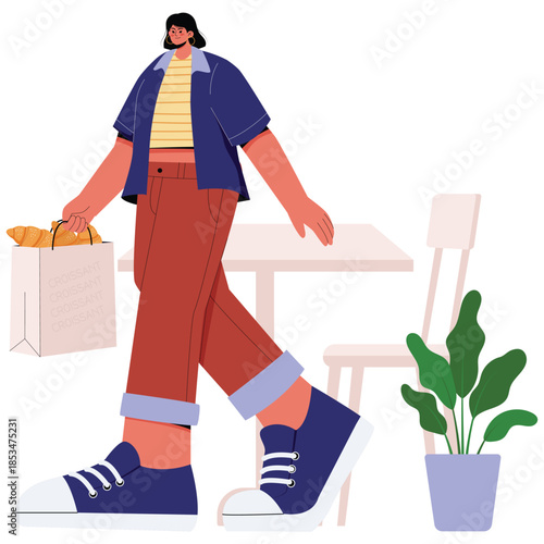 Croissant Food Illustration. Vector illustration of Woman walking with a paper bag full of croissants, bakery takeaway and shopping lifestyle concept. Isolated on background