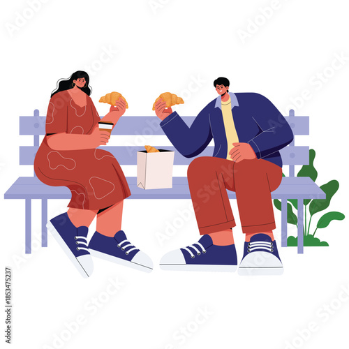 Croissant Food Illustration. Vector illustration of Couple sitting on a bench eating croissants and drinking coffee, simple outdoor date and snack time. Isolated on background