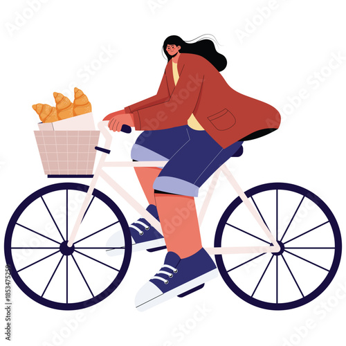 Croissant Food Illustration. Vector illustration of Woman riding a bicycle with a basket of croissants, fresh pastry delivery and city lifestyle. Isolated on background