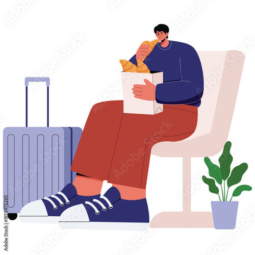 Croissant Food Illustration. Vector illustration of Traveler eating croissants while sitting with suitcase, airport waiting and quick meal moment. Isolated on background
