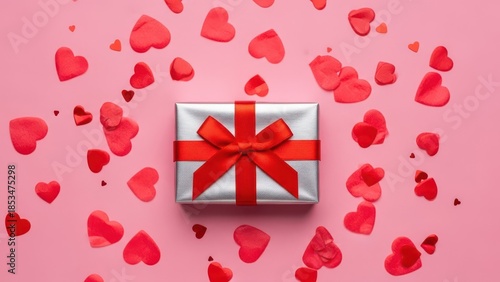 Top view of a silver gift box with a red ribbon, surrounded by red hearts on a pink background. Perfect for Valentine's Day, celebrations, and romance.