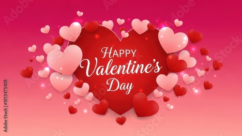 Valentine's Day banner with abundant pink and red hearts floating against a vibrant pink to red gradient. Perfect for promotional material and greetings.