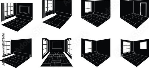Interior room corner illustrations, architectural layout, black-and-white contrast, window and door placement, baseboard detail, flooring pattern, spatial design reference
