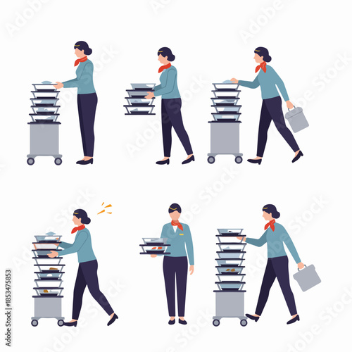 Flight attendant actions set: pushing meal trolley, serving trays, and carrying luggage, depicting various duties of cabin crew staff in flat design illustration.