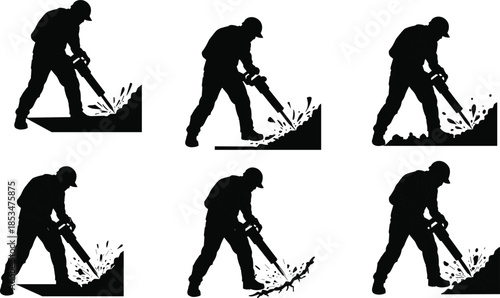 Jackhammer operator silhouettes, construction worker, manual labor, industrial tool, ground breaking, spark debris, safety gear, black figures, action pose, vibration tool