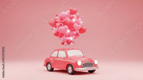 Cute pink car carrying a bouquet of heart-shaped balloons