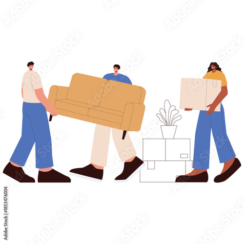 Flat illustration of movers carrying a sofa and boxes during home relocation and delivery service.