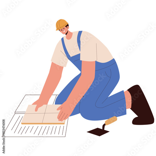 Flat illustration of a construction worker installing floor tiles with trowel during interior renovation.