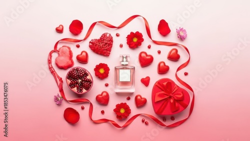 Flat lay of Valentine's Day essentials with perfume bottle, pomegranate, and gift box