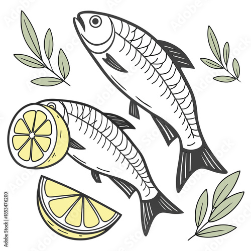 Raw Fish And Lemon Composition  Flat Vector  White (2) Vector Illustration