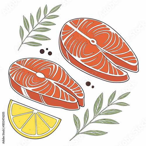 Raw Fish And Lemon Composition  Flat Vector  White (3) Vector Illustration