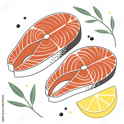 Raw Fish And Lemon Composition  Flat Vector  White Vector Illustration