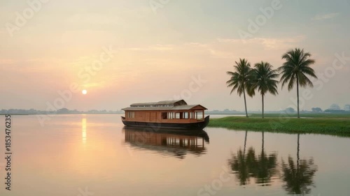 Tranquil Sunset Over Calm Lake with Traditional Boat and Lush Palm Trees in Scenic Nature Landscape 4k video footage