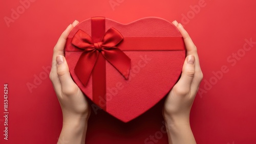 Hands holding a red heart-shaped gift box with ribbon and bow