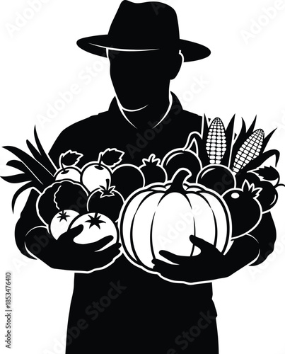 Farmer Holding Harvest Bounty Silhouette Illustration

Organic Farming Farmer with Vegetables and Fruits Icon

Local Farmer Harvest Basket Silhouette Graphic