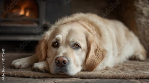 Relaxed Golden Retriever Dog by a Cozy Fireplace in a Rustic Indoor Setting 4k video footage