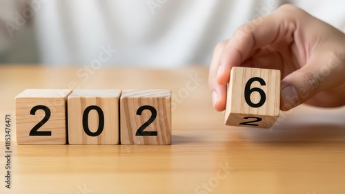 Hand turns a wooden block to complete the year 2026, representing progress and planning